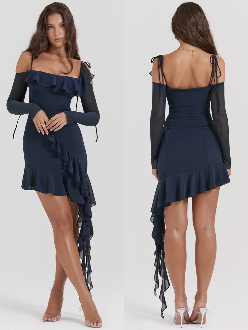 NWT House of CB Kiki Asymmetrical Navy Mesh Ruffle Mini Dress L